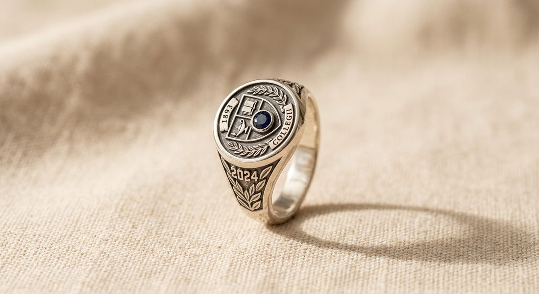 A handcrafted silver college ring with an engraved crest and blue stone