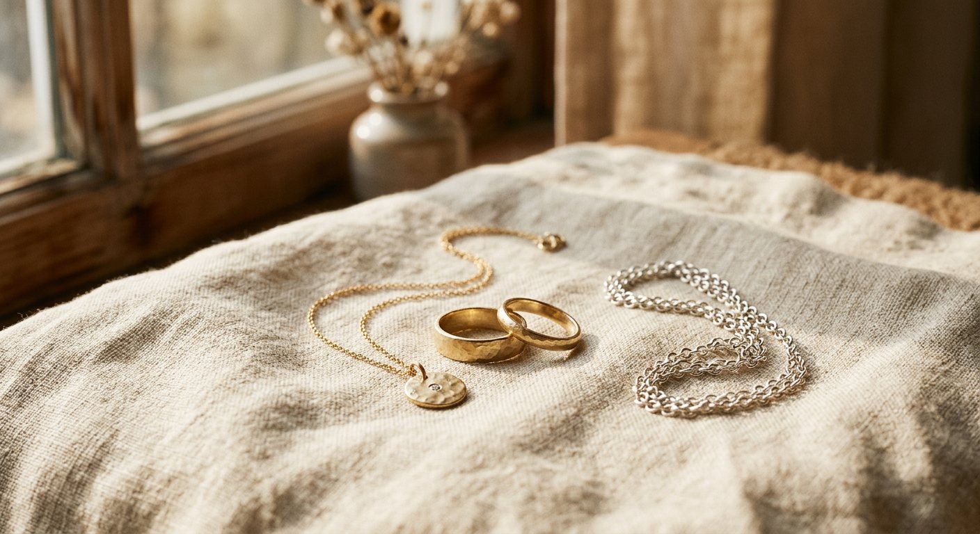 Handcrafted gold rings, pendant and silver chain arranged on cream linen