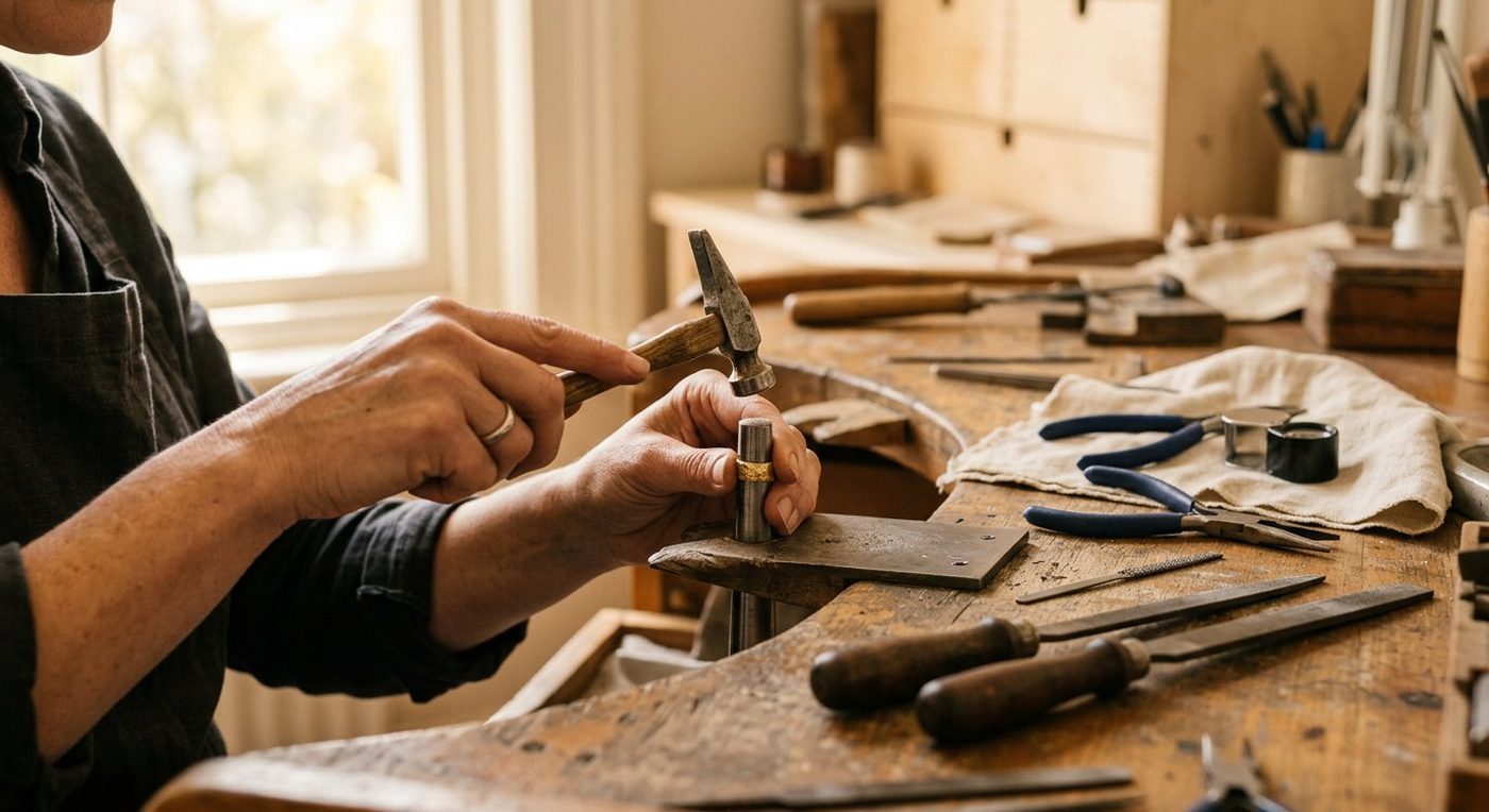 Close-up of a jeweler shaping a gold ring with hand tools
